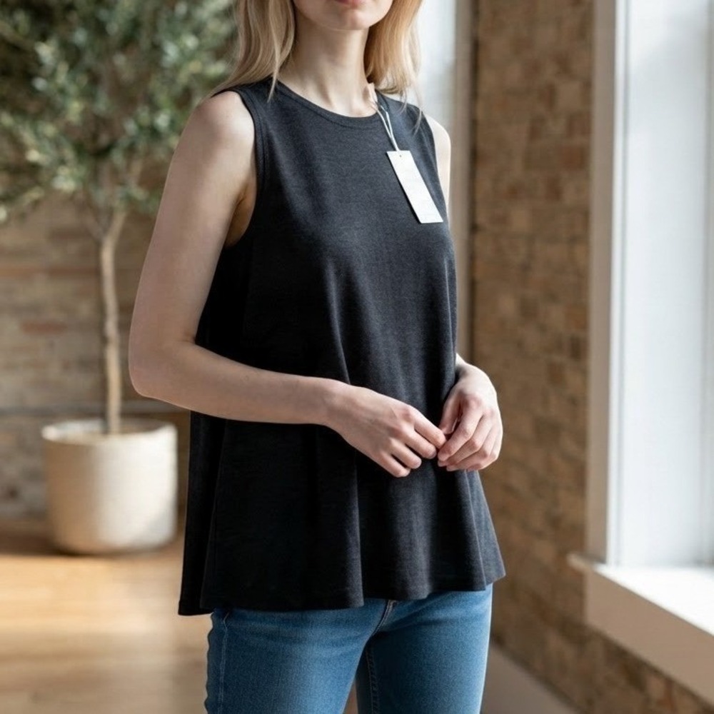 Eileen Fisher Crew Neck Tank Womens Large Black New Slub Knit Sleeveless Top
